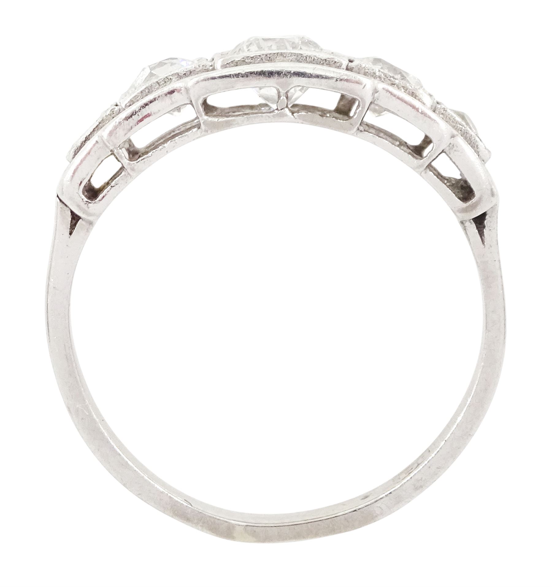 Art Deco white gold diamond ring, five milgrain set graduating old cut diamonds, in a square openwork setting, stamped 18ct, total diamond weight approx 0.80 carat