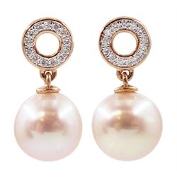 Pair of gold pearl and diamond pendant earrings, stamped 9K