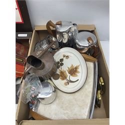 Piquot ware tea set, together with brass candlesticks, fireside tools and other collectables, in two boxes  