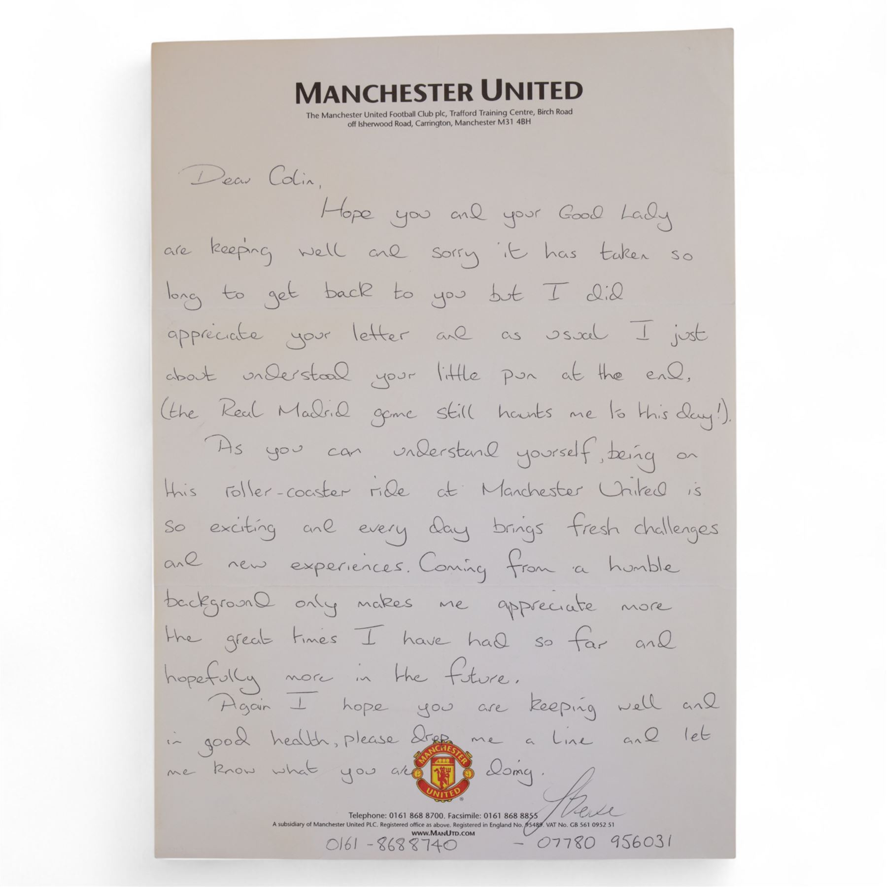 Collection of letters addressed to Colin Appleton, former Leicester City captain and Scarborough FC manger, all on Manchester United letterheads, including a hand written personal letter from former England manager Steve McClarren discussing his experiences as a Manchester United player, and from Manchester United staff members Les Kershaw Chief Scout and Ken Merrett Club Secretary, regarding Colin's time as a scout for the club, updates on player's injuries and progress during the 1990/1991 season, ticket purchases, Christmas hampers and expenses