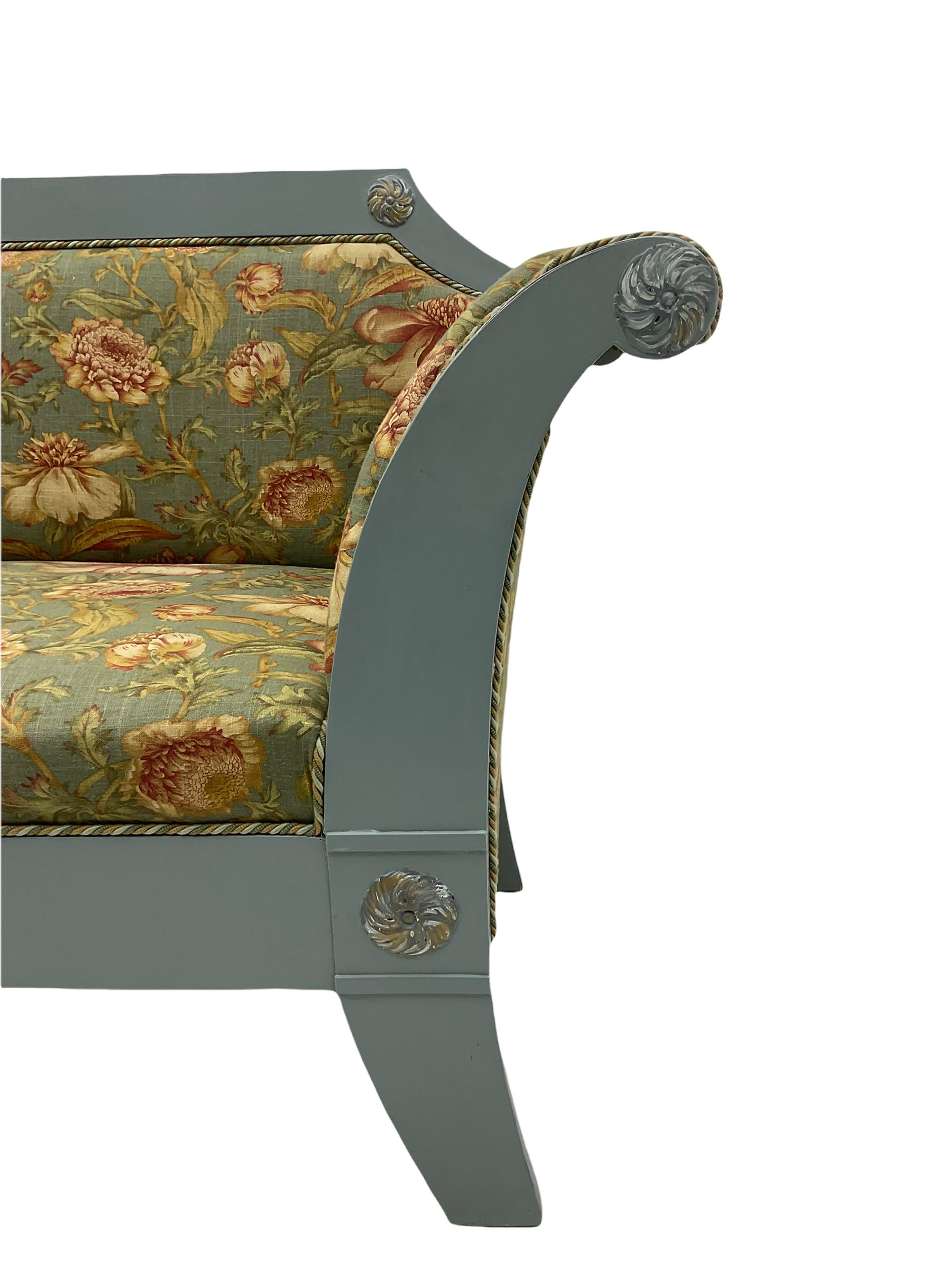 French empire style settee upholstered in 'Leighton' by Margarita Cushing floral fabric, grey painted and gilt frame