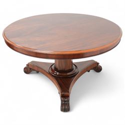 Early Victorian figured mahogany centre or breakfast table, circular moulded tilt-top, tapered octagonal column on triangular platform, acanthus leaf and scroll carved feet 