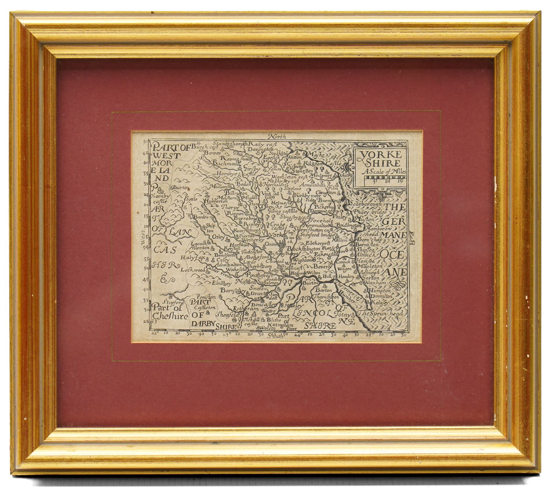 Pieter van den Keere (Flemish 1571-1646): 'Yorkshire', 'Speed Miniature' 17th century engraved map pub. 1627 10cm x 13cm