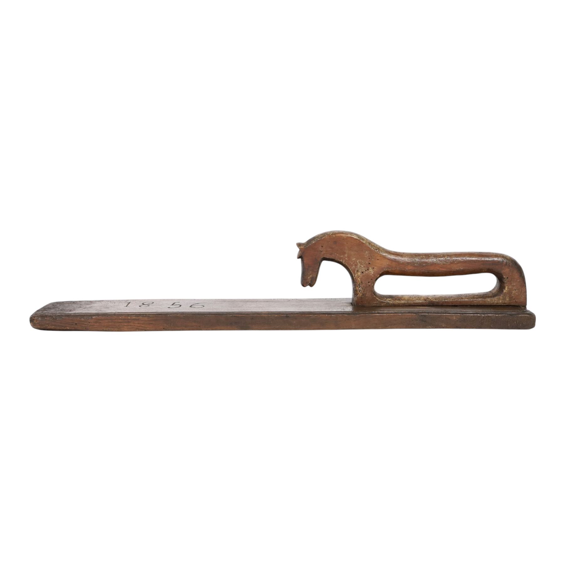Mid 19th century Norwegian carved mangle board, dated 1856, of rectangular form with stepped edges, and carved dala horse handle, L63cm