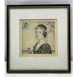 Rudolf Hirschenhauser (Austrian 1882-1938): Portrait of a Girl with a Flower Crown, drypoint etching signed in pencil 15cm x 15cm