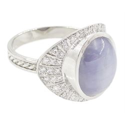 Platinum star sapphire and diamond ring by Scarab London, single cabochon cut sapphire of approx 8.17 carat, with sunburst design surround set with round brilliant cut diamonds, to a plaited design shank, London 2024, total diamond weight approx 0.50 carat, with Alan Poultney Gems report