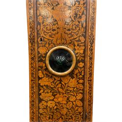 William & Mary floral marquetry 8-day longcase clock c 1700, later mid-18th century four pillar rack striking movement with a square brass dial and subsidiary seconds dial, ringed winding holes and calendar aperture to the matted dial centre, with London cherub head cast spandrels and (later) fretted steel hands, silvered Roman numeral chapter ring with stylised fleur di Lis half hour makers, narrow Arabic five-minutes, minute track and inner quarter hour track, signed Thomas Horlock, Hammersmith, 
case with box upstand to the domed floral marquetry decorated caddy with three brass flame finials, above a moulded cornice and fretwork frieze,  inlaid hood door with attached barley twist pillars to the front above an inlaid convex moulding, full length D moulded trunk door with a circular lenticle inlaid with floral and foliage panels inhabited with birds, on a conforming marquetry plinth with applied double skirting. Thomas Horlock is recorded as a Whitesmith & Clockmaker of Hammersmith, Middlesex.
A copy of Thomas Horlock's will dated the 15th June 1757 is held at The National  Archives Kew.