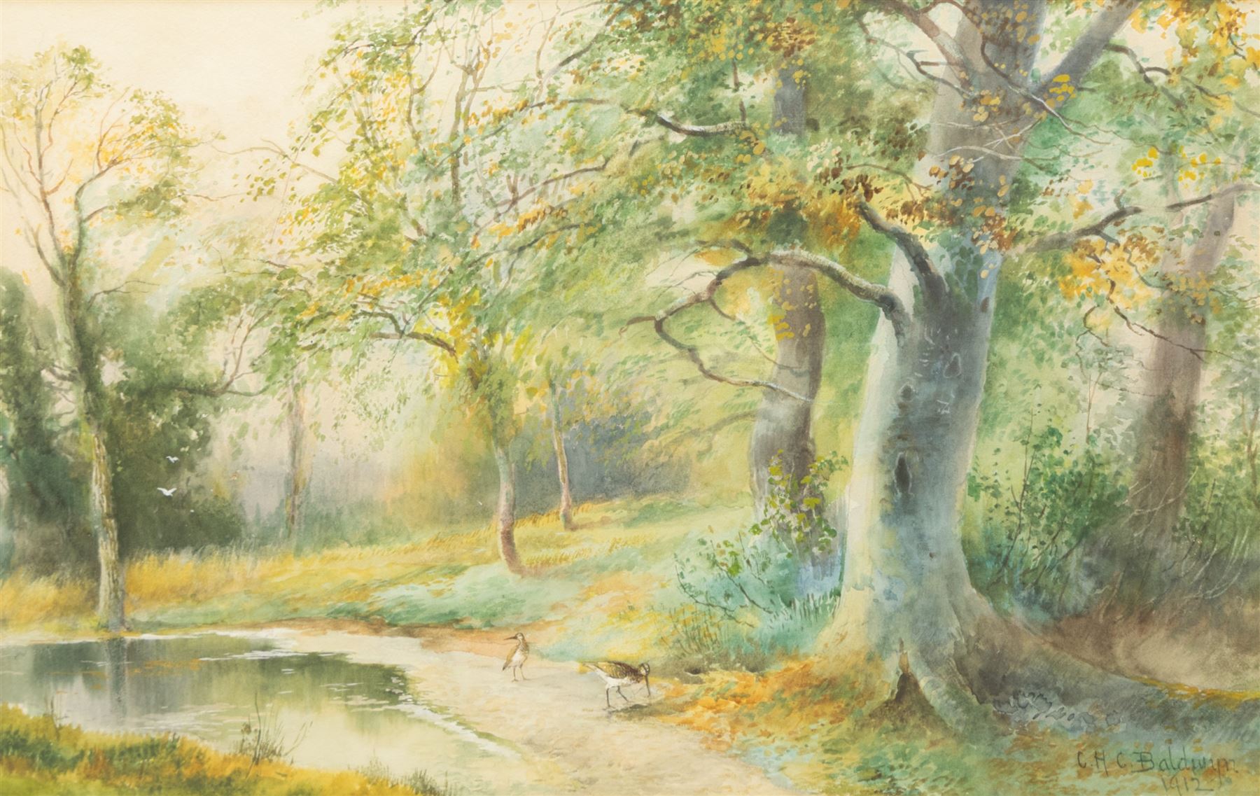 Charles Henry Clifford Baldwin (British 1849-1943): Woodland Lake Scene with Birds and Pheasants, set three watercolours signed max 45cm x 29cm (3) 
Notes: Baldwin was a longstanding artist for Royal Worcester