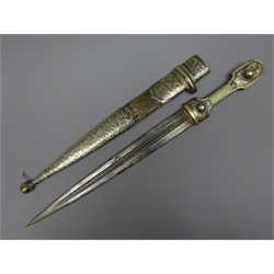  Late 19th century Russian Kindjal dagger with 34cm fullered double edge tapering steel blade, grip and part leather scabbard silver Niello work decroated with scrolls, L51cm   