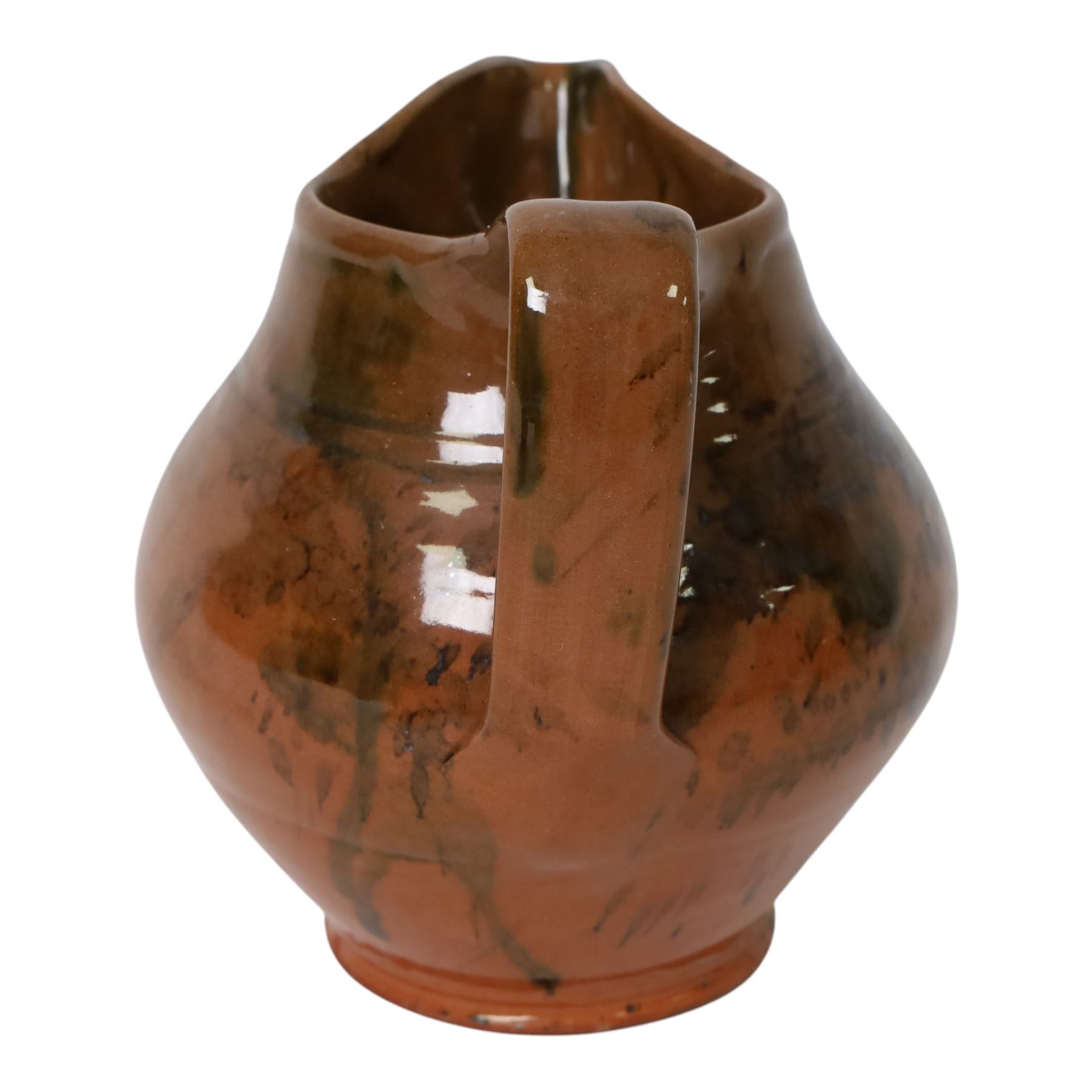 David Garland (b.1941) jug, dark brown glaze with splashes of green and black, signed beneath, H16cm