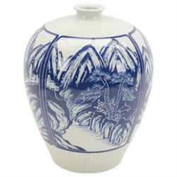 Chinese blue and white vase, of baluster form, decorated with panels of mountainous landsc...