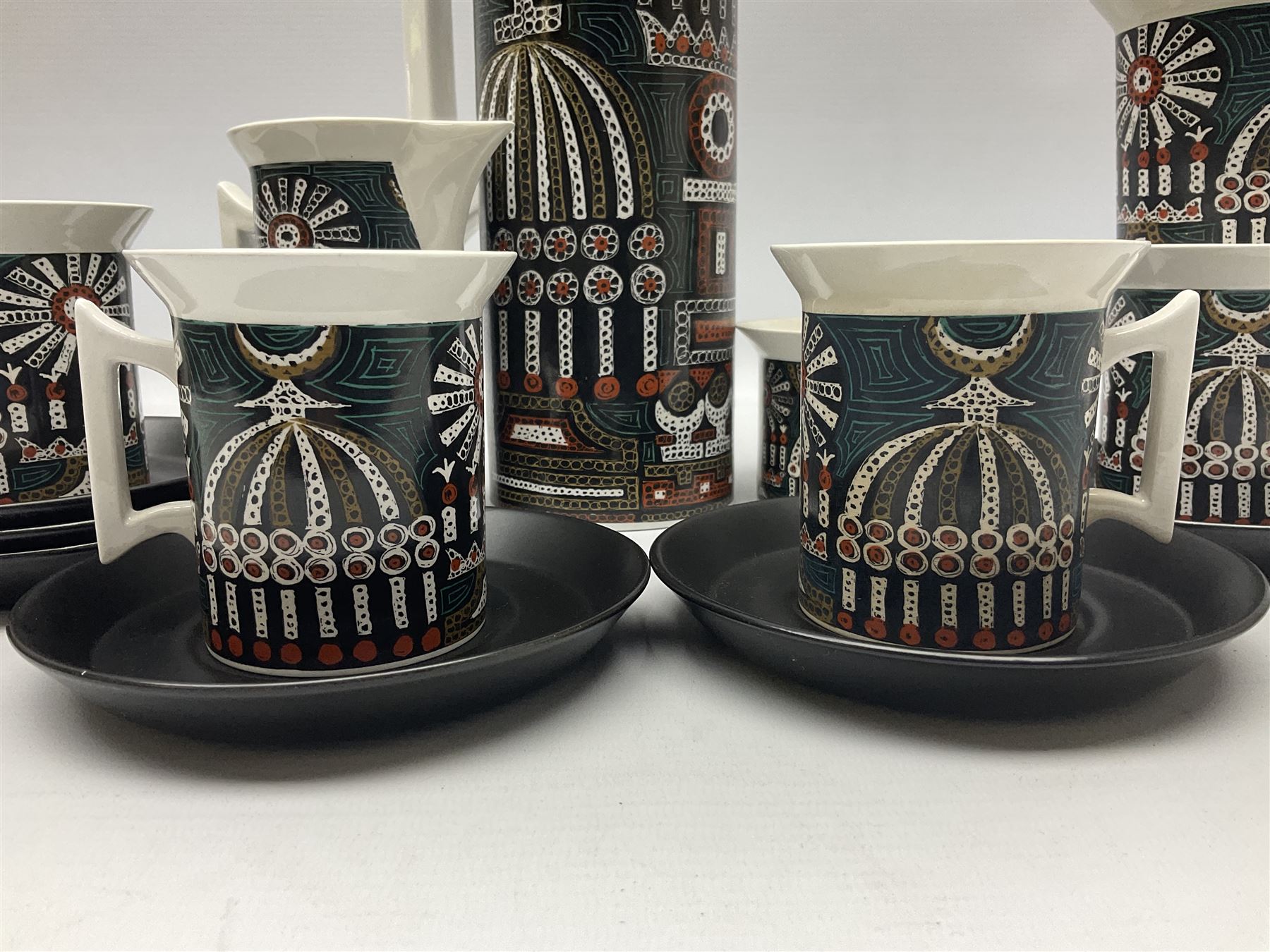 Susan Williams Ellis for Portmeirion 'Magic City' part coffee service, comprising five cups, six saucers, sugar bowl, milk jug and coffee pot
