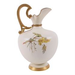 Royal Worcester, large blush ivory ewer decorated with floral sprigs, shape 1227, together with quatrelobe coral jug, decorated with wisteria shape 1507, H30cm