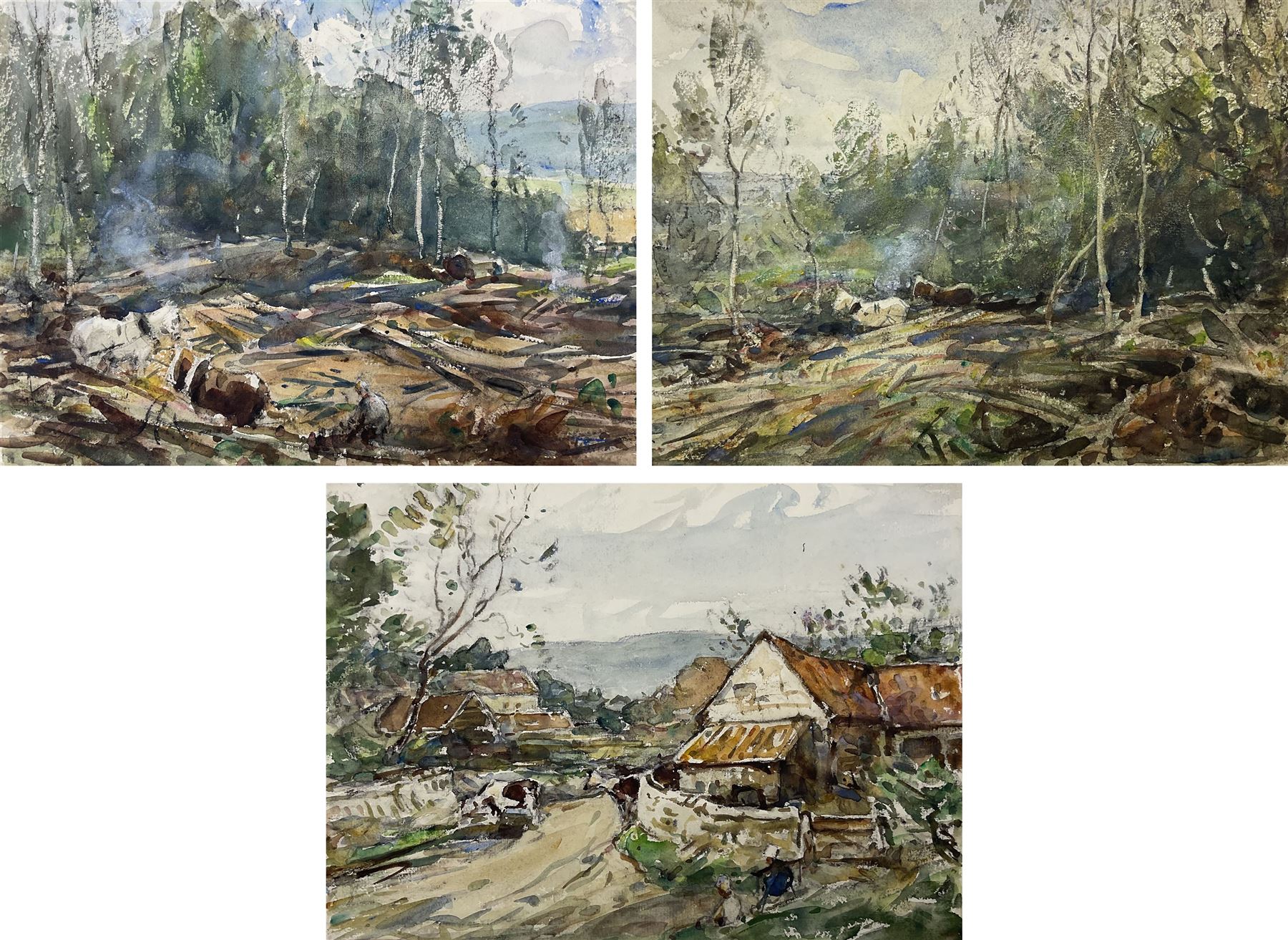 Frederic Stuart Richardson (Staithes Group 1855-1934): 'Hauling Timber above Gatcombe - Long Ashton' Somerset, set three watercolours signed in the margin, titled verso 21cm x 29cm (3) (mounted)