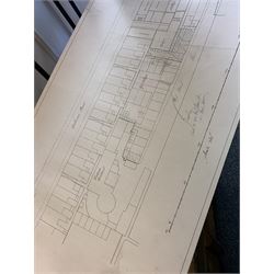 Thomas William Whipp ARIBA (1880-1950) (Chartered Architect and Surveyor): Quantity of architectural drawings and plans relating to Scarborough including: Manor Road Boarding House 1932, Temperance Hall Falsgrave Road 1935, Londesborough Theatre and Picture House 1930 Cooperative Bakery Victoria Road 1938, 4 Valley Bridge Parade 1927, Cooperative Society 181-183 Dean Road 1931, Mill Lane Bakery 1938, housed in a canvas steamer style trunk, wood and metal bound, L91cm