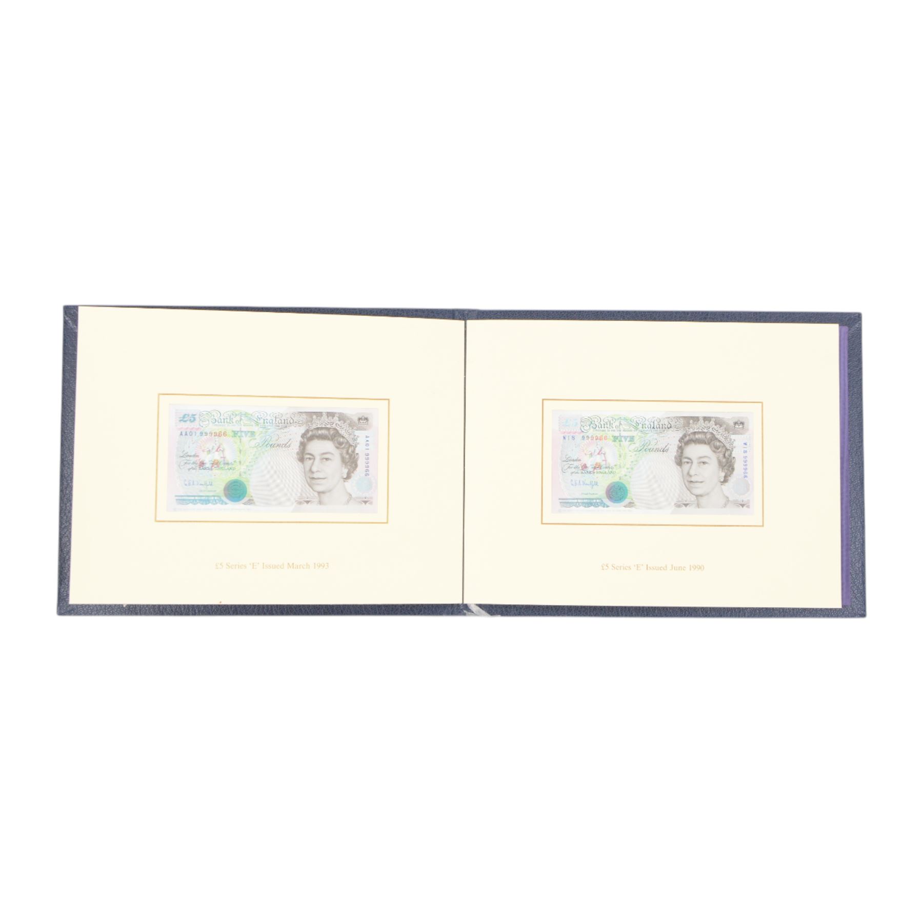 Seven Bank of England limited edition presentation pack pairs of banknotes, all with matching serial number 999966, comprising Gill five pound series D and E prefixes SE90 and A01, Kentfield five pound series E prefixes W18 and AA01, Kentfield ten pound series D and E prefixes KR30 and A01, Kentfield ten pound series E prefixes X40 and DD01, Gill twenty pound series D and E prefixes 20X and A01, Kentfield series E prefixes W35 and X01, and Kentfield series D and E prefixes E30 and A01, housed in leatherette binders manufactured by the Bank of England, 