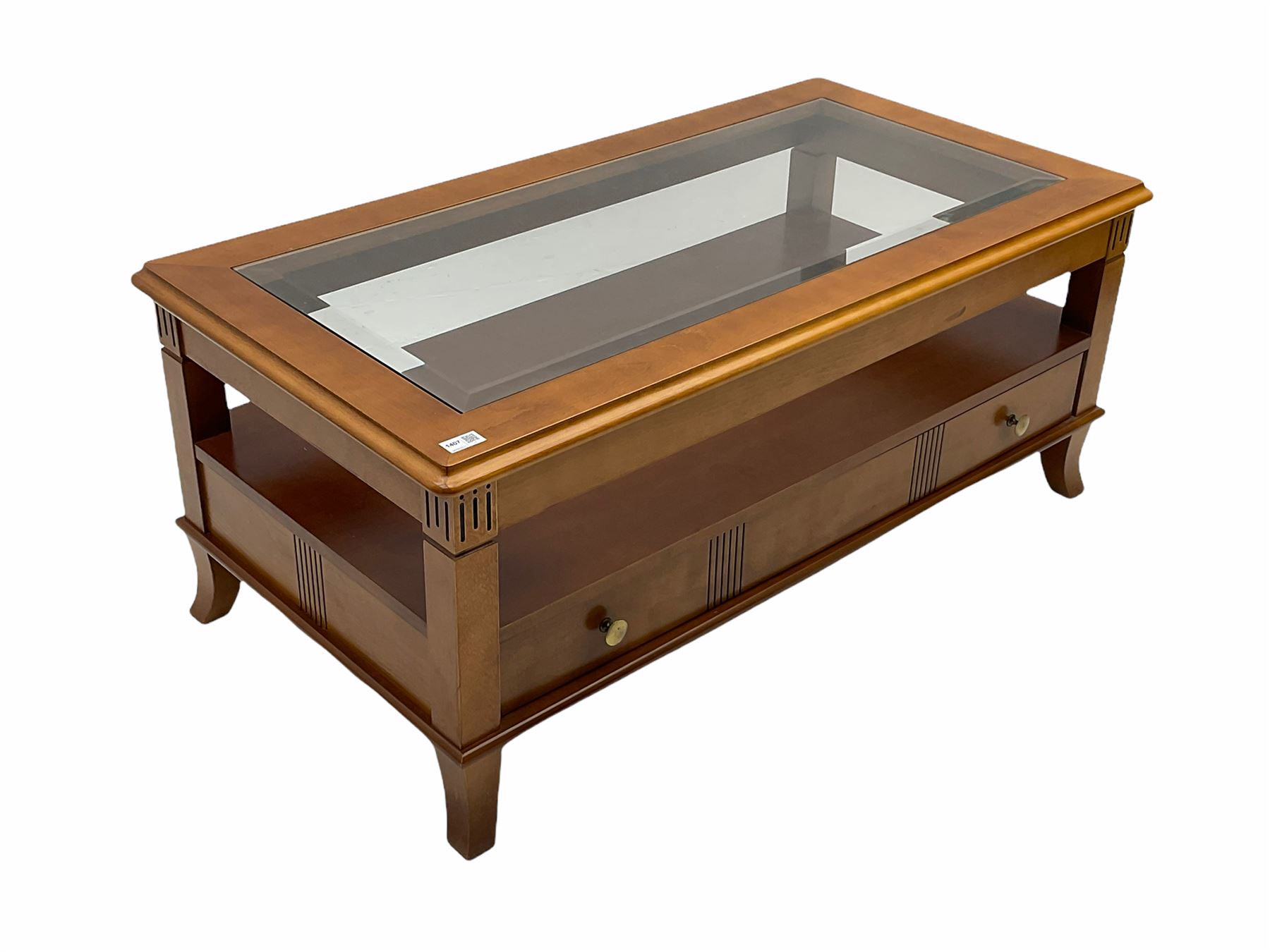 Cherry wood rectangular coffee table, rising glass top, follow through drawer