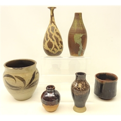 Group of Studio Pottery Gwen Humble stoneware vase, H20cm, a similar stoneware vase indistinctly signed and numbered, planter with abstract brush strokes with G.H.S seal, small beaker possibly by Isabel K-J Denyer and two other vases (6)  