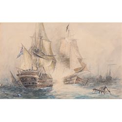 English School (Early 20th century): British Man o War in Battle, watercolour unsigned 23cm x 37cm 