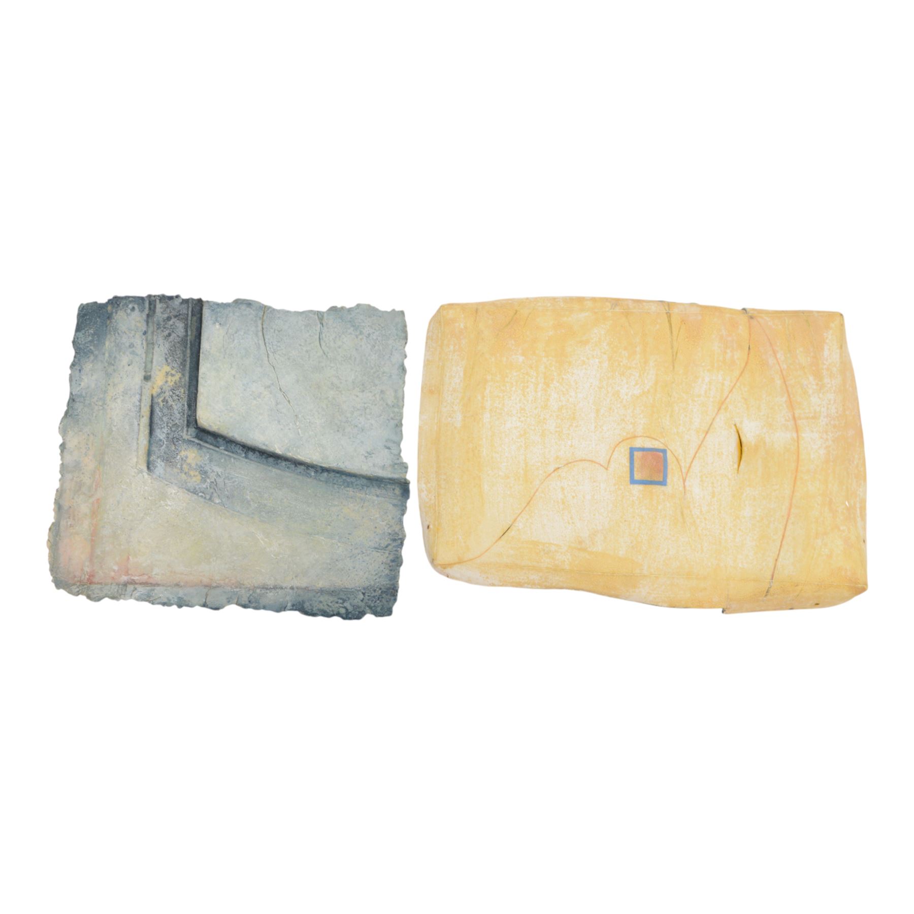 Carol Farrow (1944 – 2012): paper clay plaque, signed verso, together with another studio art wall plaque, signed verso