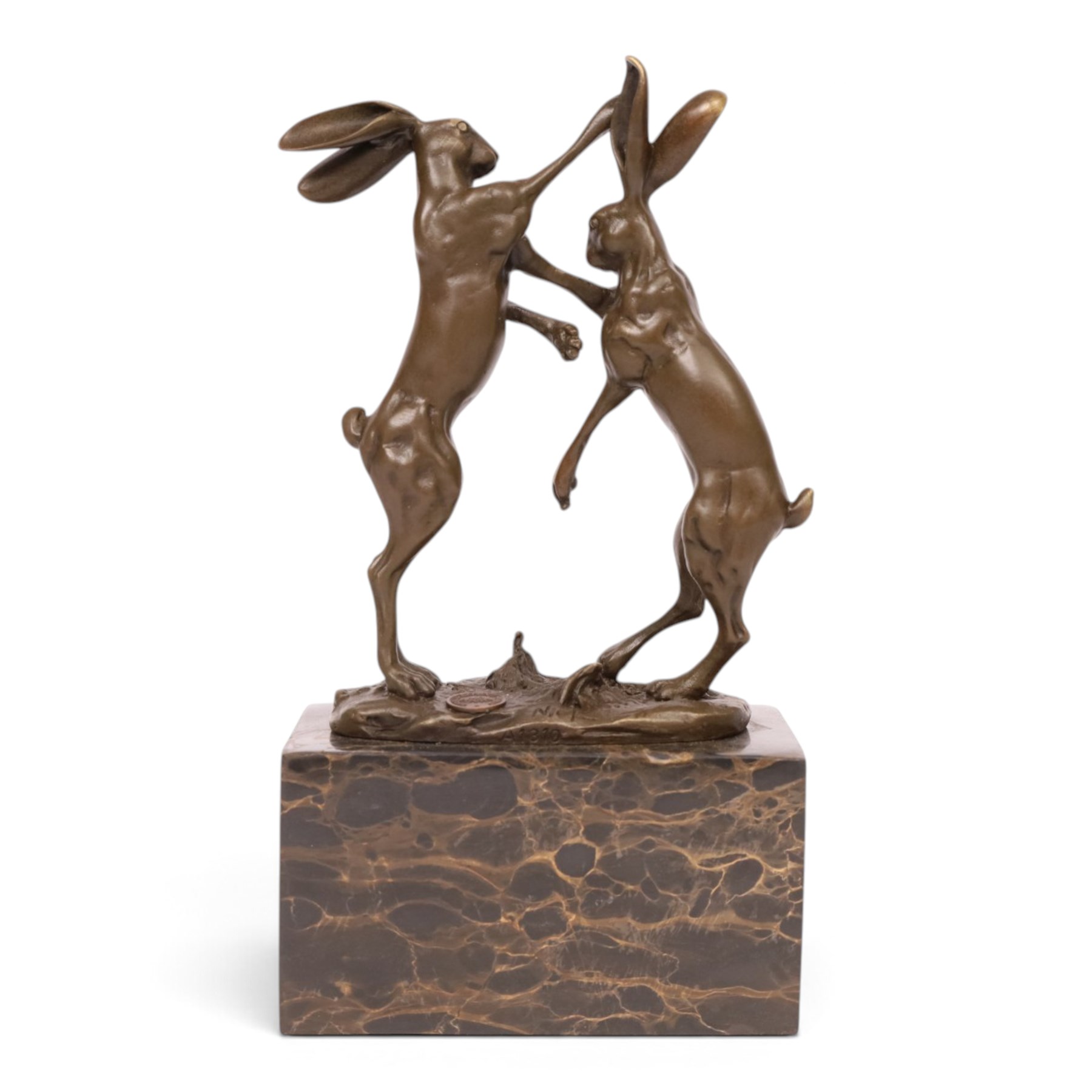 After Mario Nick - two hares boxing, bronze figure group, signed Nick and bearing foundry mark, upon rectangular plinth, H24cm
