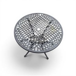 Circular aluminium garden table and pair of armchairs chairs with a pierced and scrolling backs 