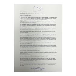 Michael Morpurgo (British 1943-): 'A Song of Gladness', printed poem on A4 signed and dedicated 'For Ingrid' in blue ink 
Provenance: dedicated to the vendor's sister