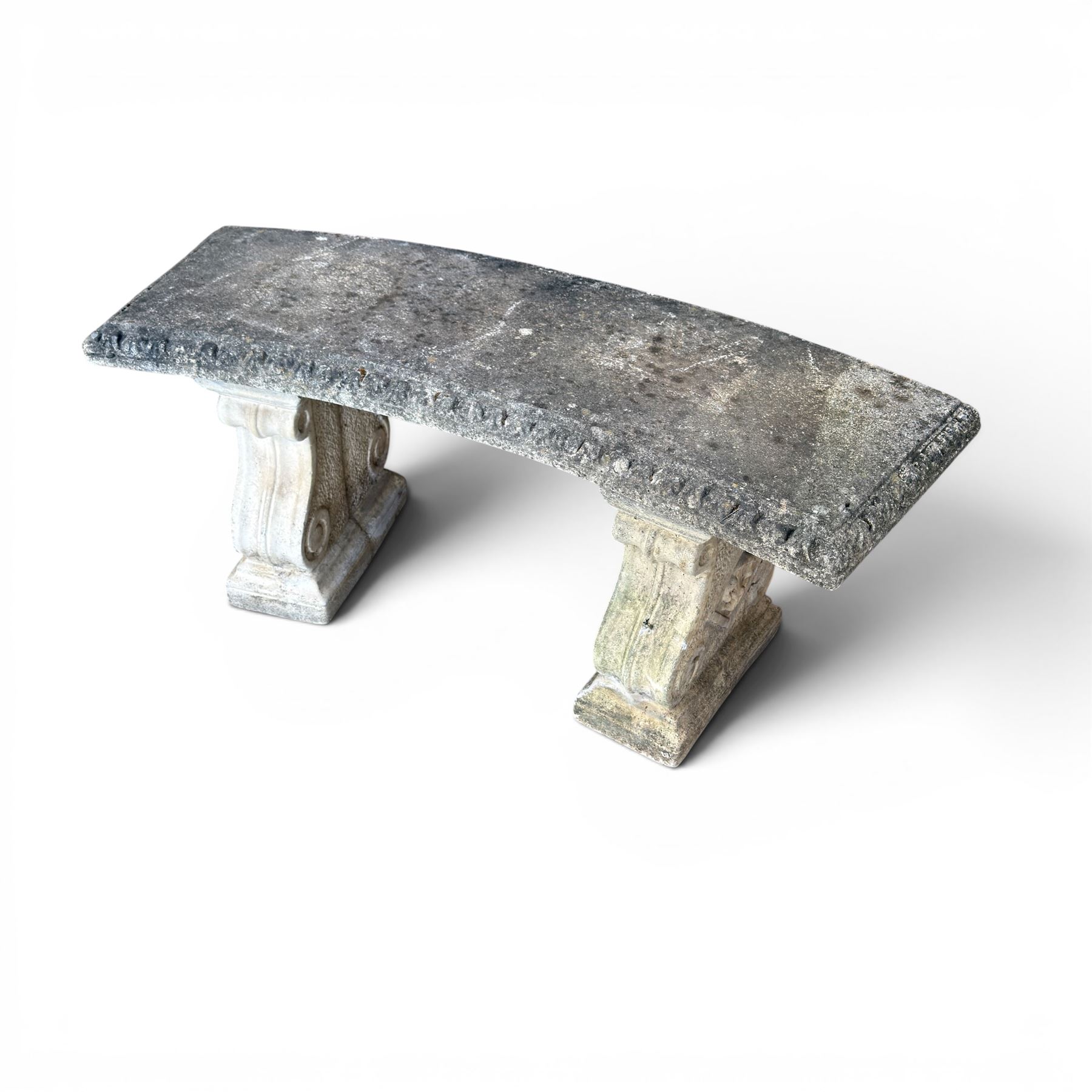 Cast stone three piece garden bench, curved form with detailed top