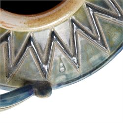 Andrew Osborne (1956 -): Geometric Jar and Bowl, with abstract design in typical blue and green glazes, incised marks to bases, jar H34cm