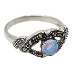 Silver opal and marcasite ring