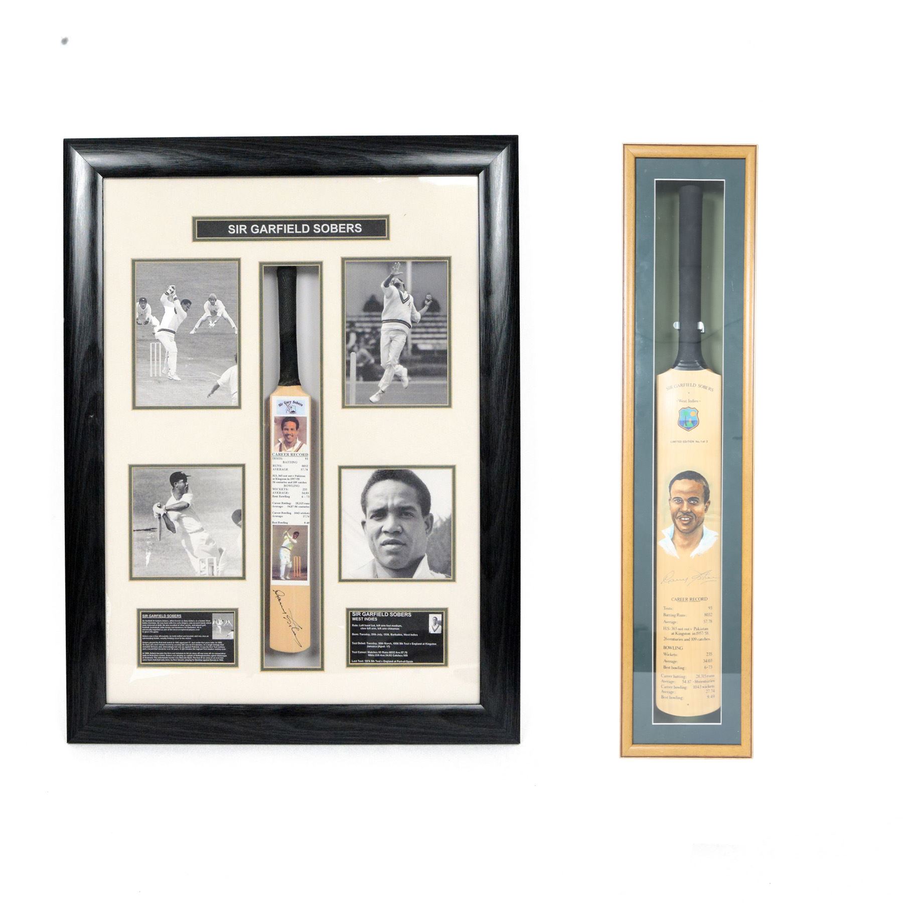Limited edition signed Sir Garfield Sobers Career Record cricket bat limited edition no. 1of 3, in glazed display case, together with a Sir Garfield Sobers career record montage, with signed miniature bat and four black and white photographs, framed, tallest H97cm