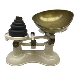 Set of White Enamelled Kitchen Scales, with weights 