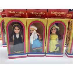 Four Mayfair Products Musical Dolls of Many Lands; original boxes and delivery boxes; and set of twelve Nationality Dolls with Sleeping Eyes; boxed (16)