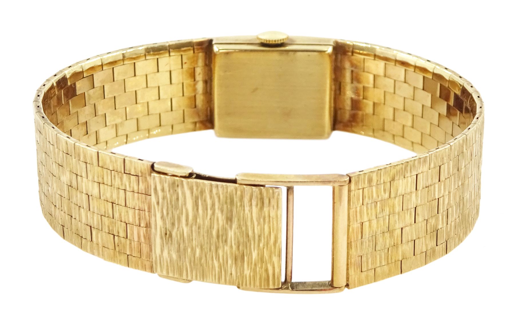 Rone 9ct gold ladies manual wind wristwatch, on integrated 9ct gold bracelet, London 1973