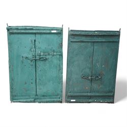 Two painted hardwood window shutters, decorated with tigers and figures 65cm x 93cm & 62cm x 90cm 