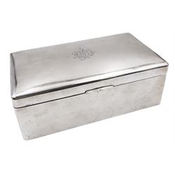 Early/mid 20th century Chinese silver mounted cigar box, of rectangular form with engraved monogram to the hinged cover, opening to reveal a softwood lined interior, maker's mark WZ, with Chinese character marks, H8cm D13.1cm W22.8cm