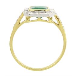 18ct gold emerald and diamond cluster ring, octagonal cut emerald of approx 1.50 carat, with milgrain set, round brilliant and baguette cut diamond surround and diamond set shoulders, stamped 750, total diamond weight approx 0.45 carat