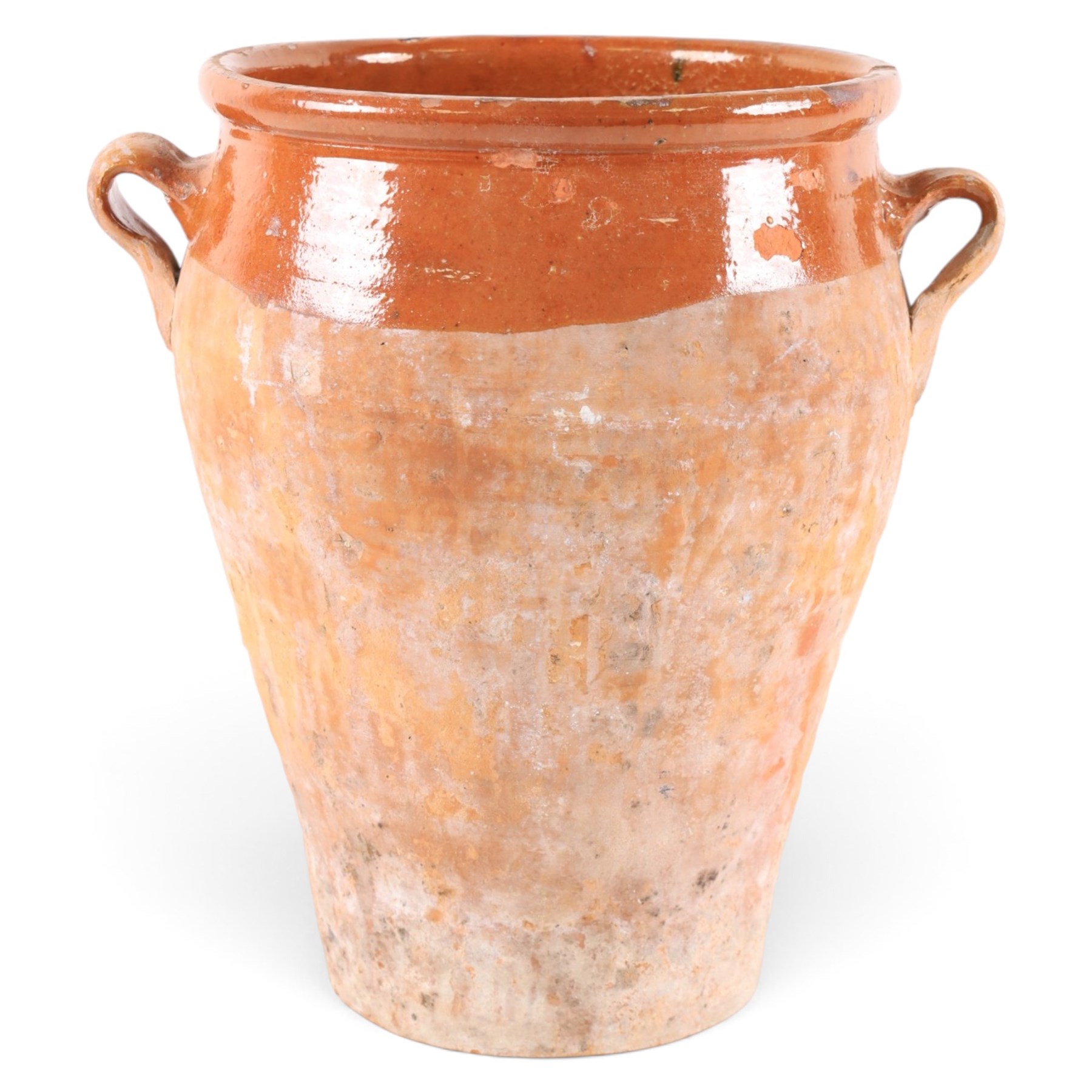 Spanish terracotta twin handled olive jar, of typical baluster form with orange glaze decoration, H34cm