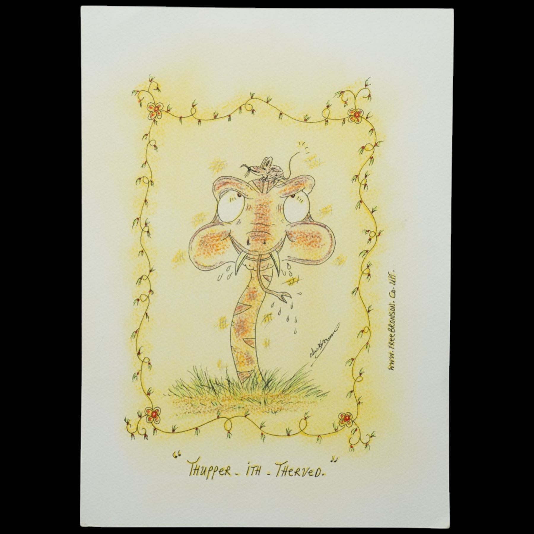 Charles Bronson (Charles Arthur Salvador) (British 1952-): A comprehensive collection of five hundred mixed media works executed between 2000 and 2025. Produced during the artist’s long-term incarceration, the works are primarily in ink, coloured pencil and mixed media on paper. The collection includes multiple formats: A5 (15 works), A4 (308 works), A3 (164 works) and A2 (13 works). Some are signed and dated; a number are executed on the reverse of official prison documents and other repurposed materials, reflecting the limited availability of art materials within the prison environment. This collection represents the largest body of the artist’s work to be offered as a single lot and has not previously been available on the market. (500) (unframed)

Notes: Dated examples span the period from 2000 to 2025, with the greatest concentration produced between 2012 and 2019 and including a group of recent large-scale works from the final years of the period; approximately twenty percent are undated.