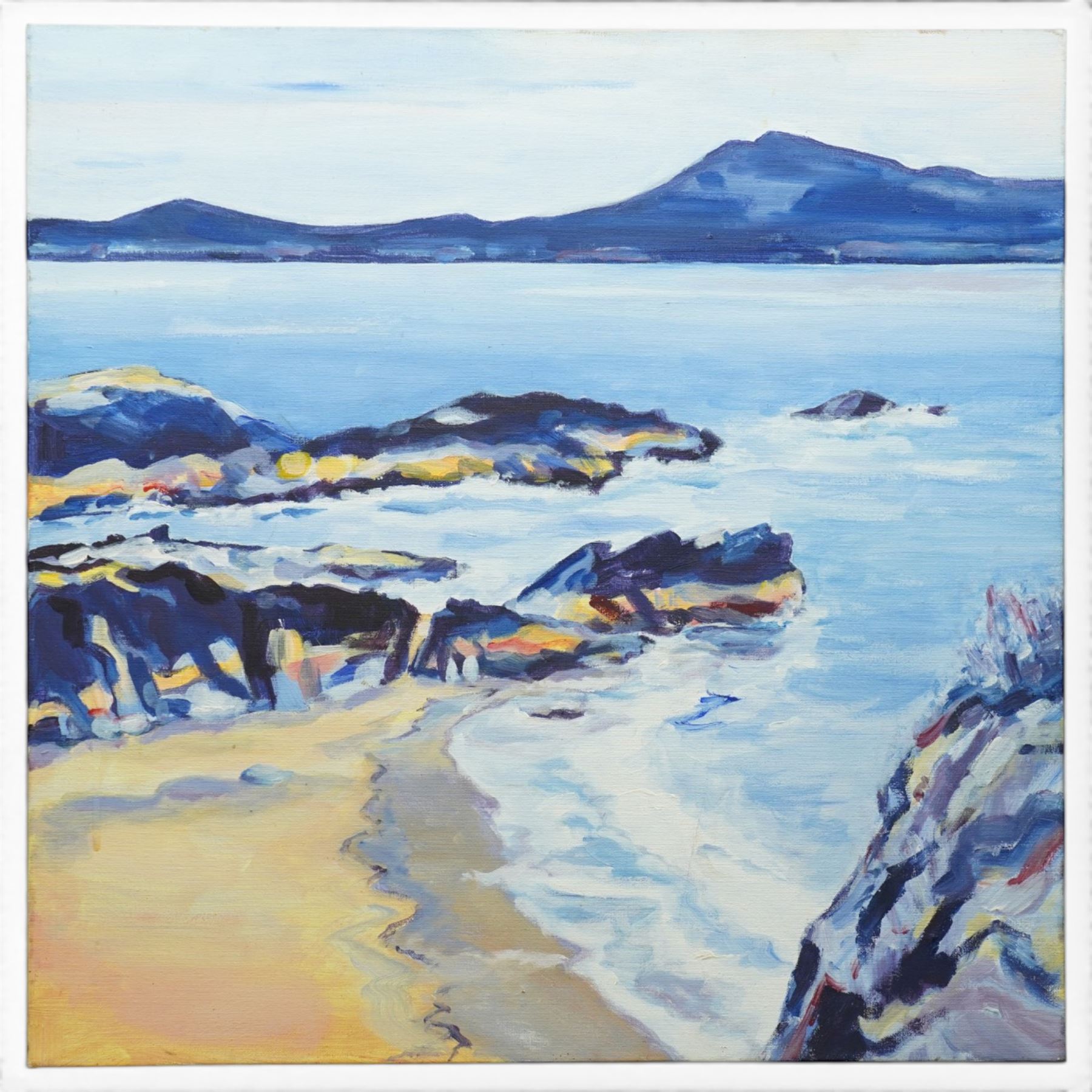 Carolyn Kay (British Contemporary): 'Anglesey -Newborough Beach', acrylic on canvas signed, titled verso 50cm x 50cm 