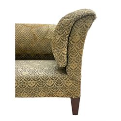 Howard & Sons - Edwardian mahogany framed two seat sofa, upholstered in original H&S foliate patterned fabric with sprung seat and overstuffed back and arms, raised on square tapering supports, the rear leg stamped '19600 1795 Howard & Sons Ltd Berners Street'