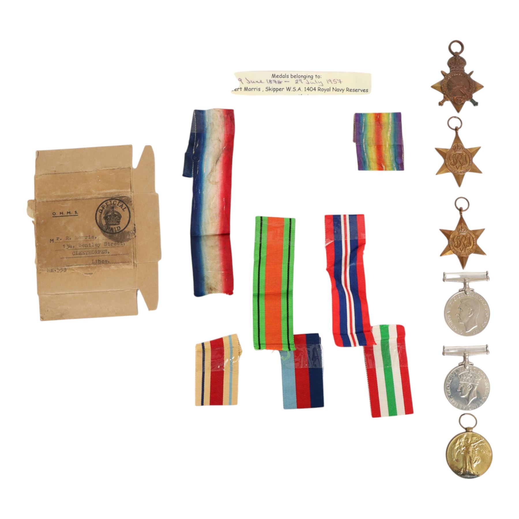 WWI and WWII medal group, comprising 1914-15 star, Victory Medal, War medal, Defence medal, 1939-45 star and African star, awarded WSA Robert Morris, Skipper, Royal Navy Reserve