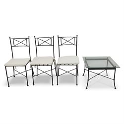 Modern metal and glass conservatory suite, comprising rectangular dining table with clear glass top and six matching metal framed chairs with upholstered seats, together with a matching glass topped coffee table
(Chairs H 92cm, W 42cm, Coffee table H 45cm, W 60cm)