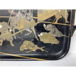 Carved bamboo brush pot, together with Japanese black lacquered tray, with  gilt figural decoration, carved wall handing and other wooden items 