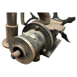 Cabinet with multiple drawers and cupboards mounted with two industrial coffee grinders with large flywheels and brass coffee reservoirs, early 20th century 