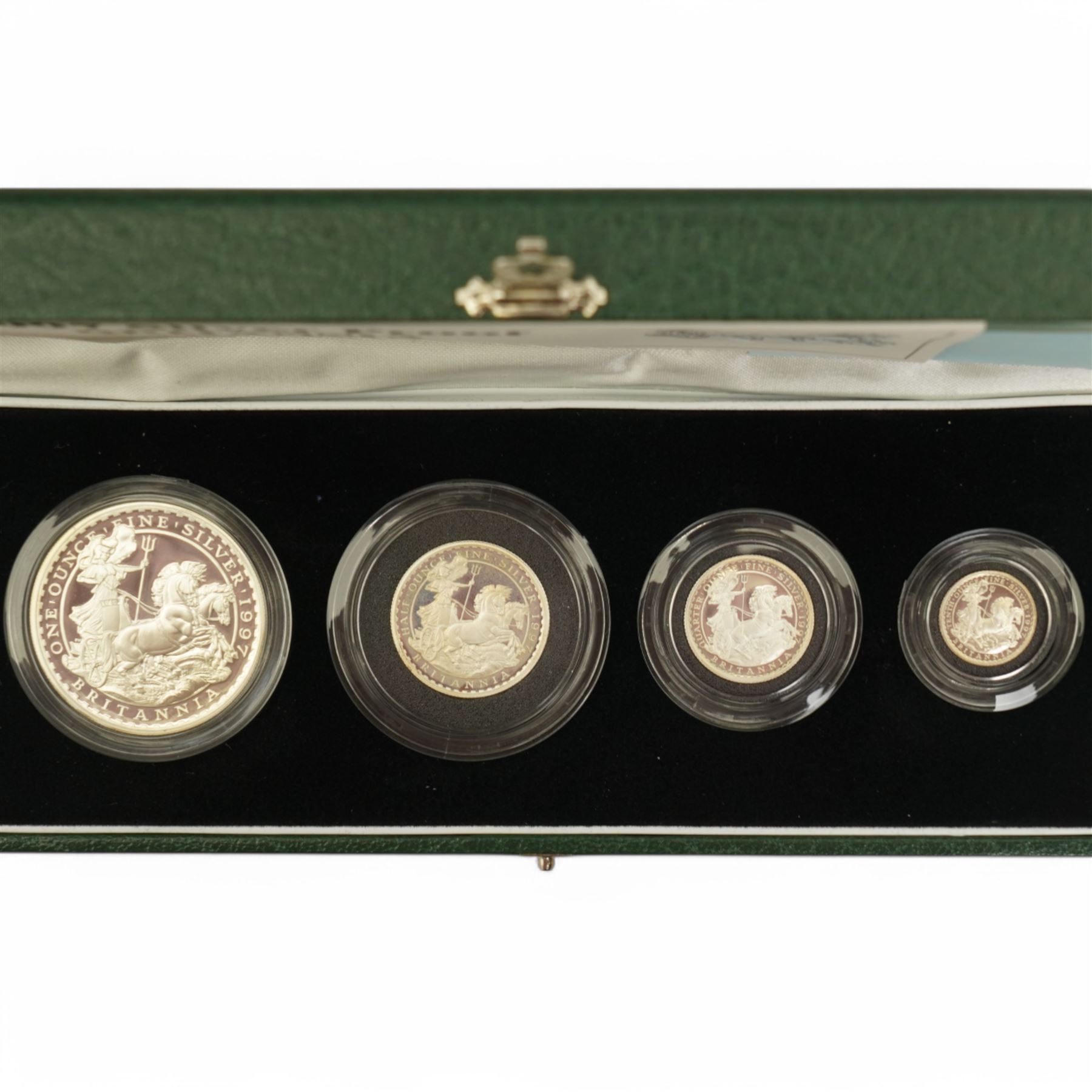 The Royal Mint United Kingdom 1997 silver proof Britannia four coin set, cased with certificate
