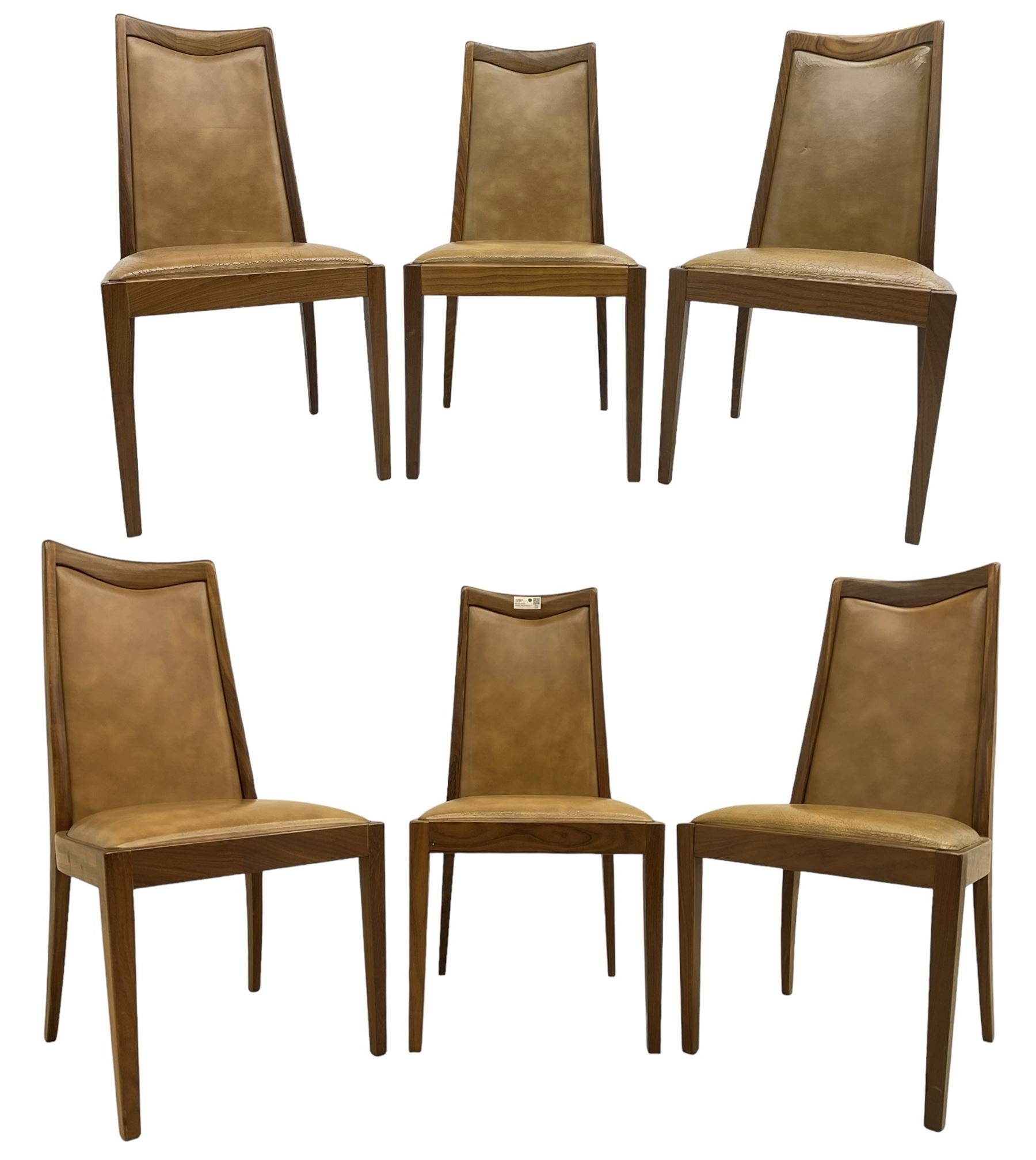 G-Plan - set of six mid-20th century teak 'Fresco' dining chairs, high back and seat upholstered in tan faux leather, on square tapering supports