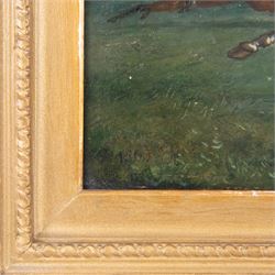 After Samuel Henry Alken (British 1810-1894): The Steeplechase - Clearing a Hedge, oil on panel signed with monogram SA and dated 1863, 22cm x 27cm 