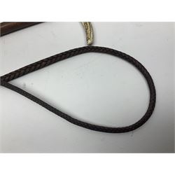 Late Victorian leather hunting whip, with antler handle and presentation engraving to hallmarked silver collars, together with a horse measuring walking stick, whip L205cm