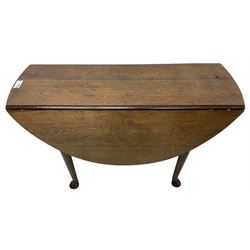 Georgian oak table, oval drop-leaf top on gate-leg action base, on cabriole supports with pad feet